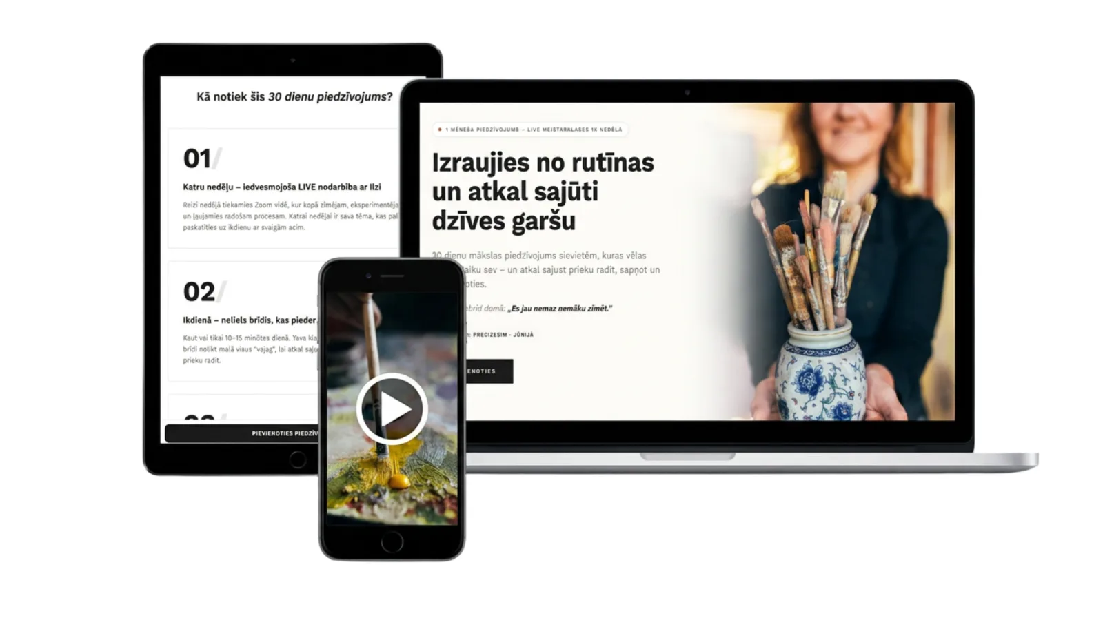 Kursa mockup — planšete, telefons un dators ar kursa saturu